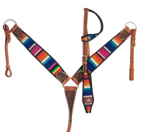 Showman One Ear Headstall &amp; Breast collar set with wool southwest blanket inlay